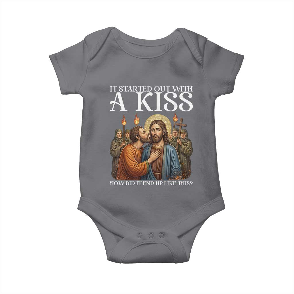 It Started Out With A Kiss Funny Jesus Christian Easter Baby Onesie Judas Betrayal Jesus Faith Message Biblical Humor TS02 Charcoal Print Your Wear