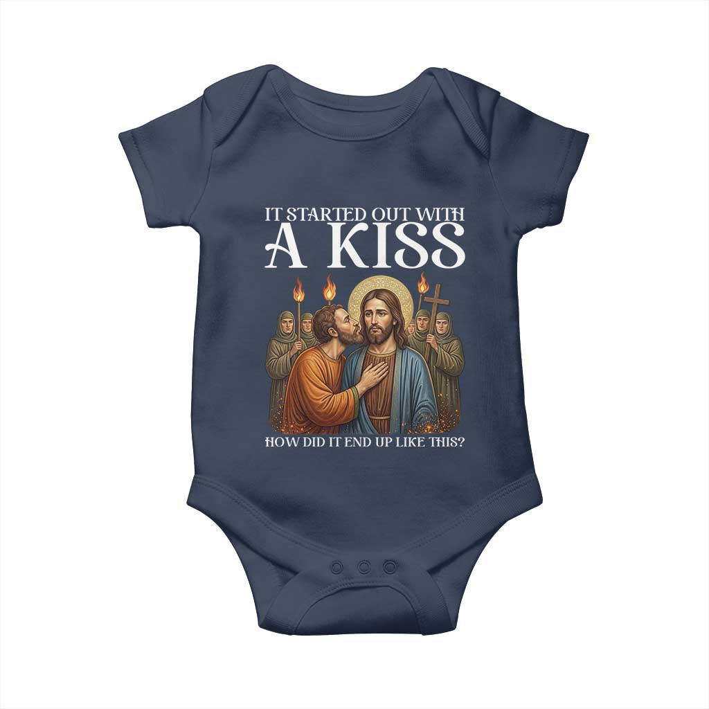 It Started Out With A Kiss Funny Jesus Christian Easter Baby Onesie Judas Betrayal Jesus Faith Message Biblical Humor TS02 Navy Print Your Wear