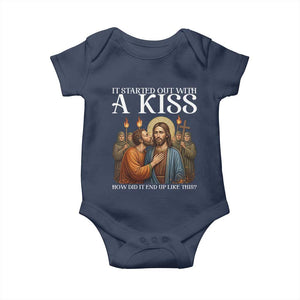 It Started Out With A Kiss Funny Jesus Christian Easter Baby Onesie Judas Betrayal Jesus Faith Message Biblical Humor TS02 Navy Print Your Wear