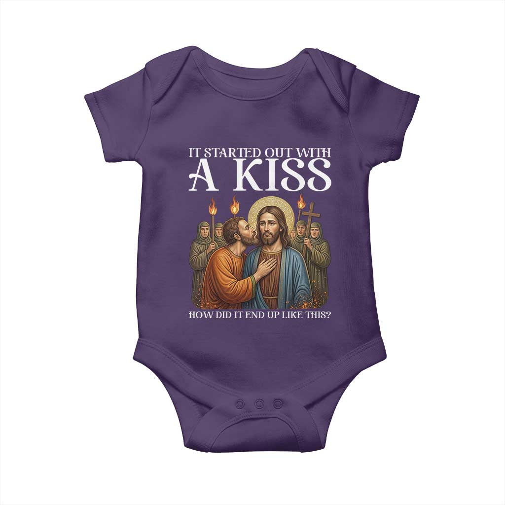It Started Out With A Kiss Funny Jesus Christian Easter Baby Onesie Judas Betrayal Jesus Faith Message Biblical Humor TS02 Purple Print Your Wear