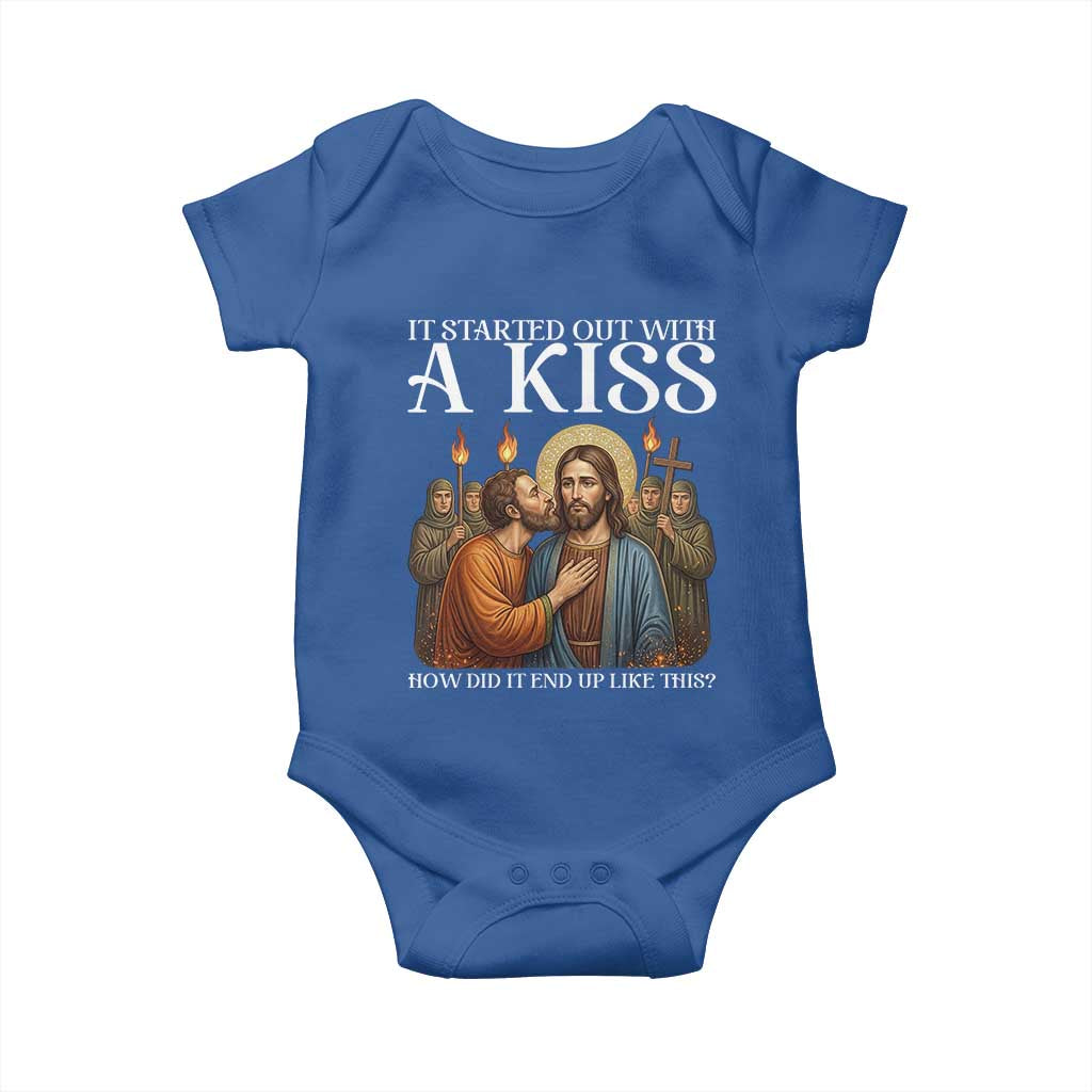It Started Out With A Kiss Funny Jesus Christian Easter Baby Onesie Judas Betrayal Jesus Faith Message Biblical Humor TS02 Royal Blue Print Your Wear