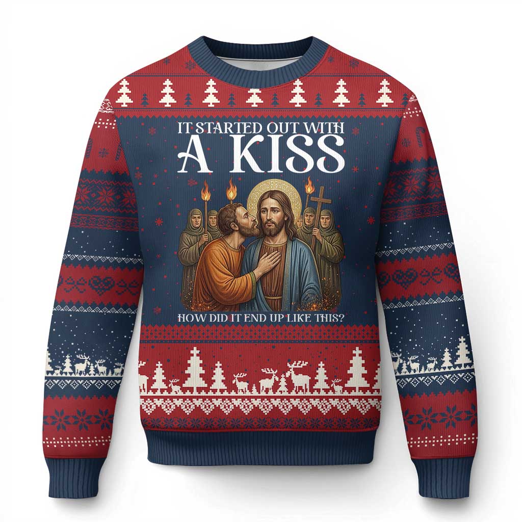 It Started Out With A Kiss Funny Jesus Christian Easter Ugly Christmas Sweater Judas Betrayal Jesus Faith Message Biblical Humor TS02 Navy Red Print Your Wear