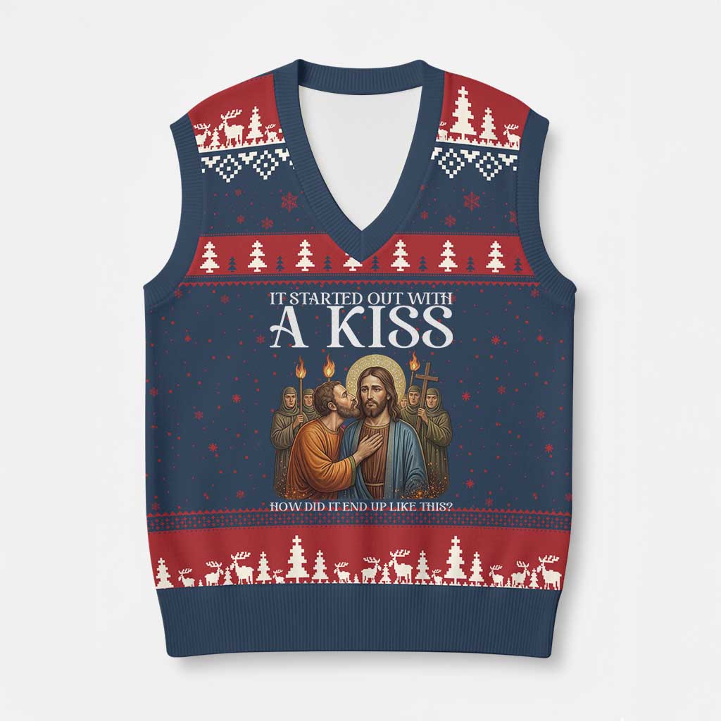 It Started Out With A Kiss Funny Jesus Christian Easter V-Neck Knit Sweater Vest Judas Betrayal Jesus Faith Message Biblical Humor TS02 Navy Red Print Your Wear