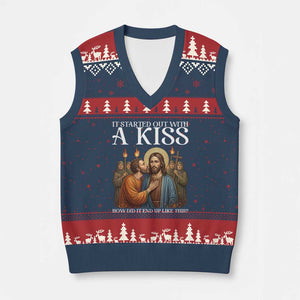 It Started Out With A Kiss Funny Jesus Christian Easter V-Neck Knit Sweater Vest Judas Betrayal Jesus Faith Message Biblical Humor TS02 Navy Red Print Your Wear