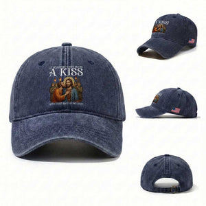 It Started Out With A Kiss Funny Jesus Christian Easter Washed Cotton Baseball Cap Judas Betrayal Jesus Faith Message Biblical Humor TS02 Washed Cap Universal Fit Navy Print Your Wear