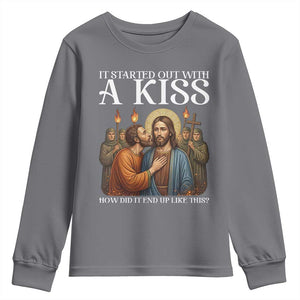 It Started Out With A Kiss Funny Jesus Christian Easter Youth Sweatshirt Judas Betrayal Jesus Faith Message Biblical Humor TS02 Charcoal Print Your Wear