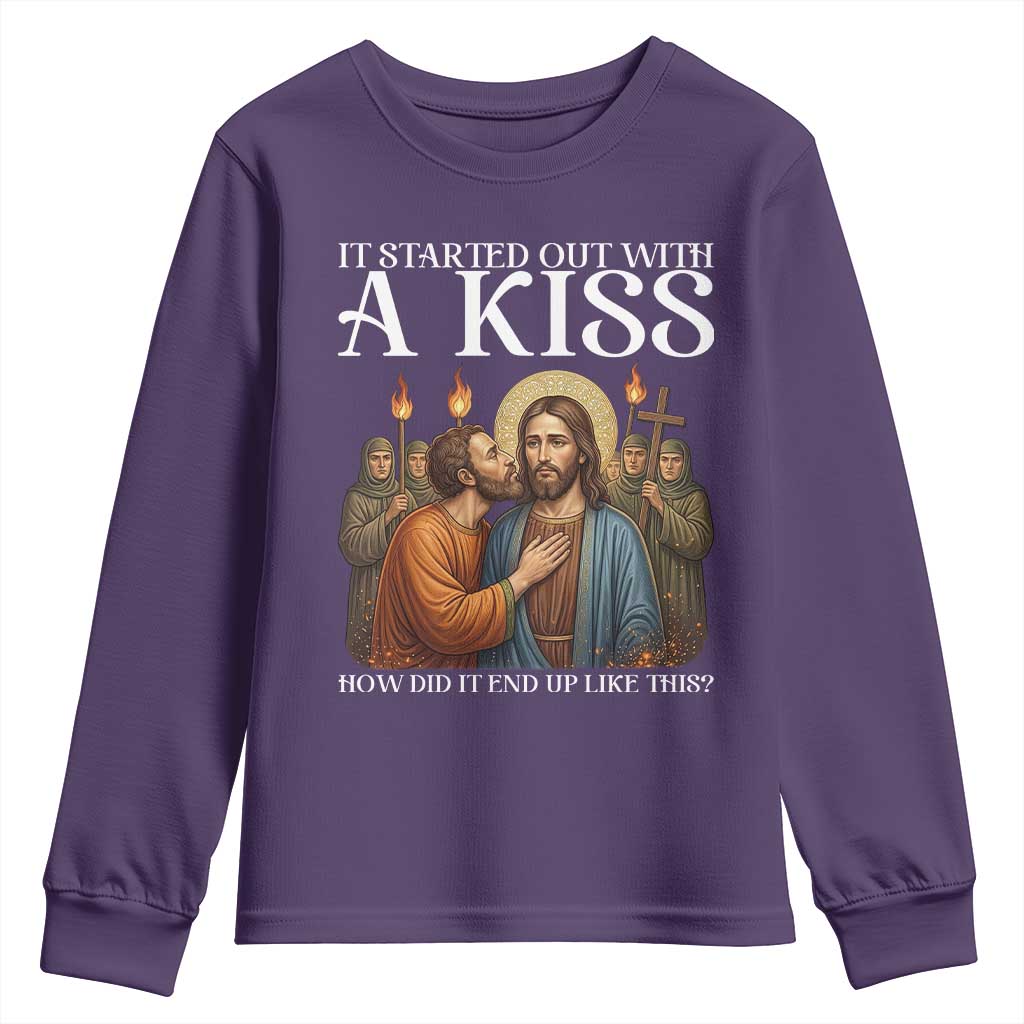 It Started Out With A Kiss Funny Jesus Christian Easter Youth Sweatshirt Judas Betrayal Jesus Faith Message Biblical Humor TS02 Purple Print Your Wear