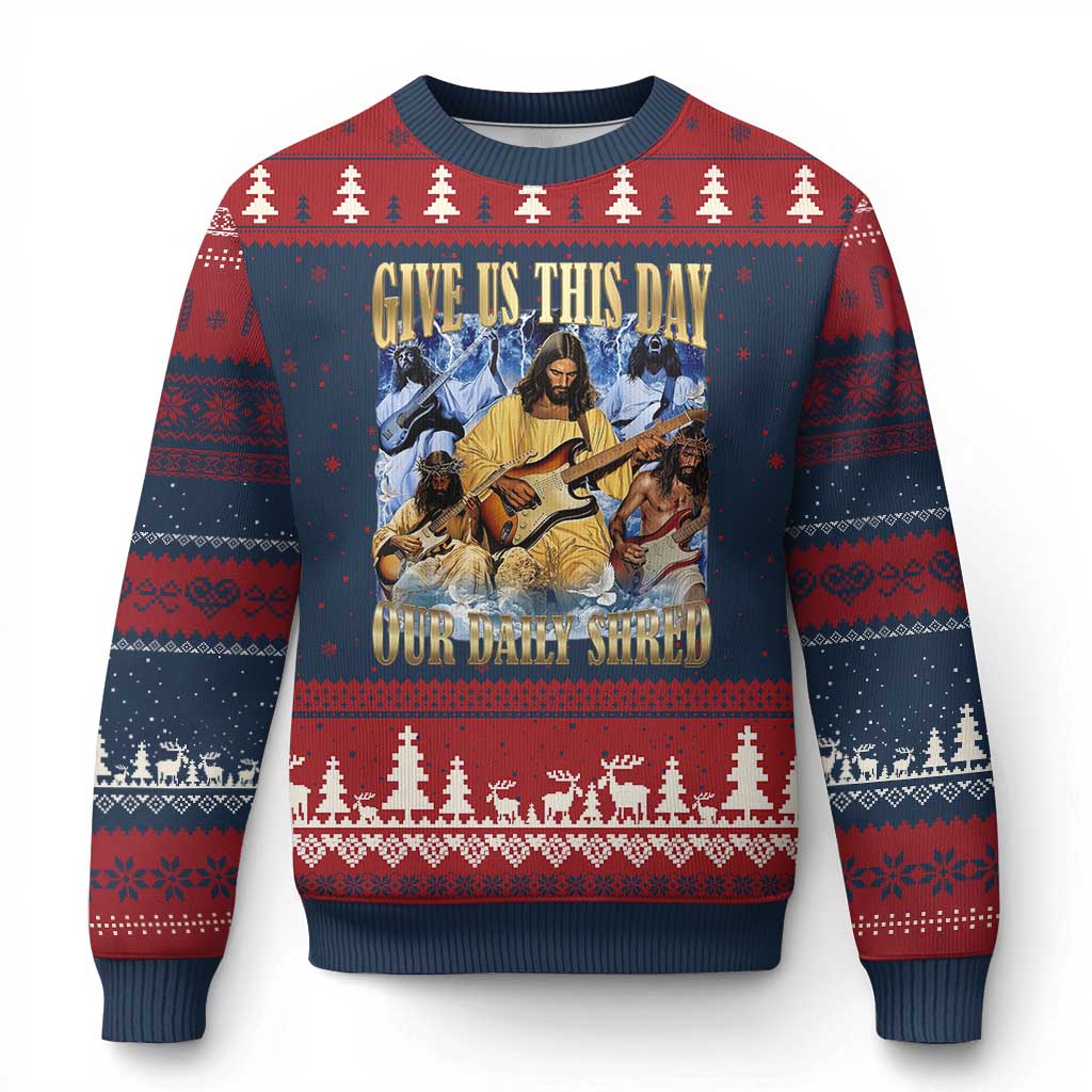 Give Us This Day Our Daily Shred Funny Christian Jesus Rock Ugly Christmas Sweater Faith Humor Music Lover Inspired Gift TS02 Navy Red Print Your Wear