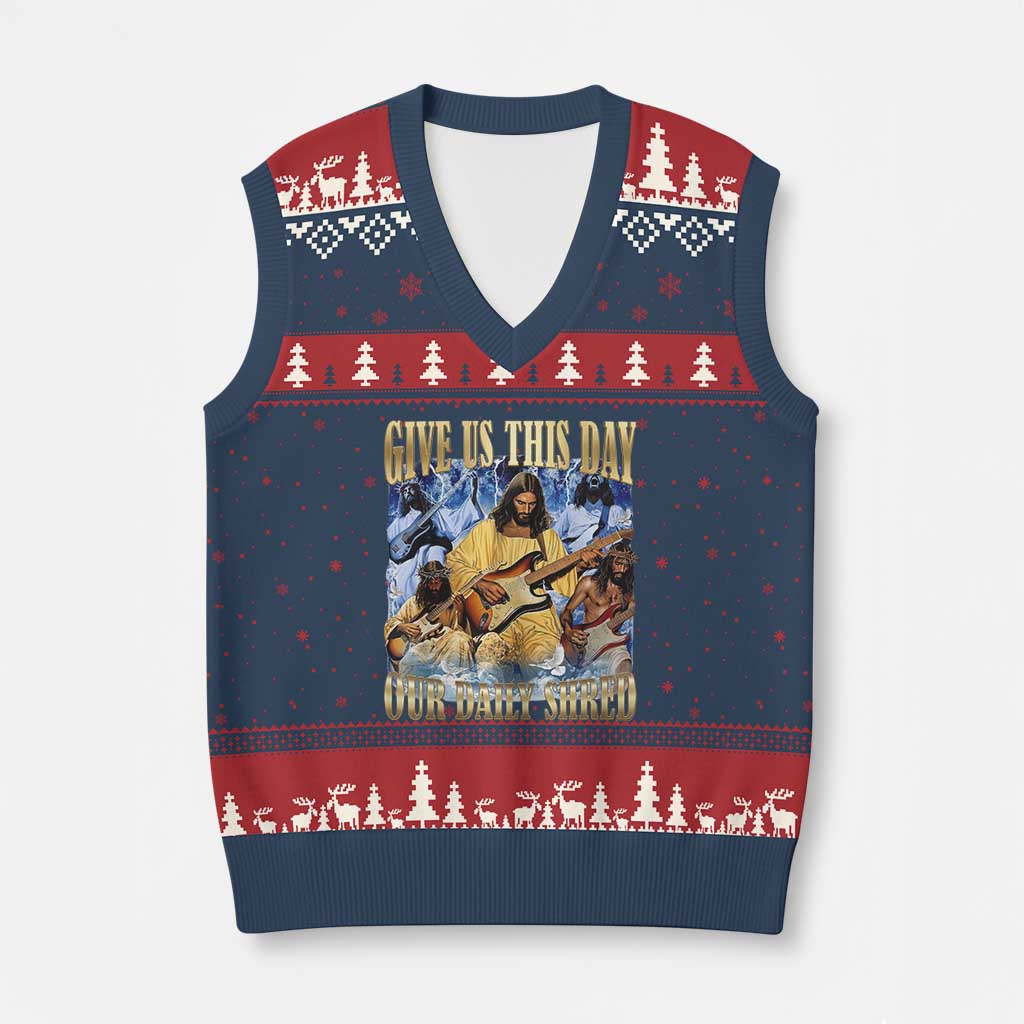 Give Us This Day Our Daily Shred Funny Christian Jesus Rock V-Neck Knit Sweater Vest Faith Humor Music Lover Inspired Gift TS02 Navy Red Print Your Wear