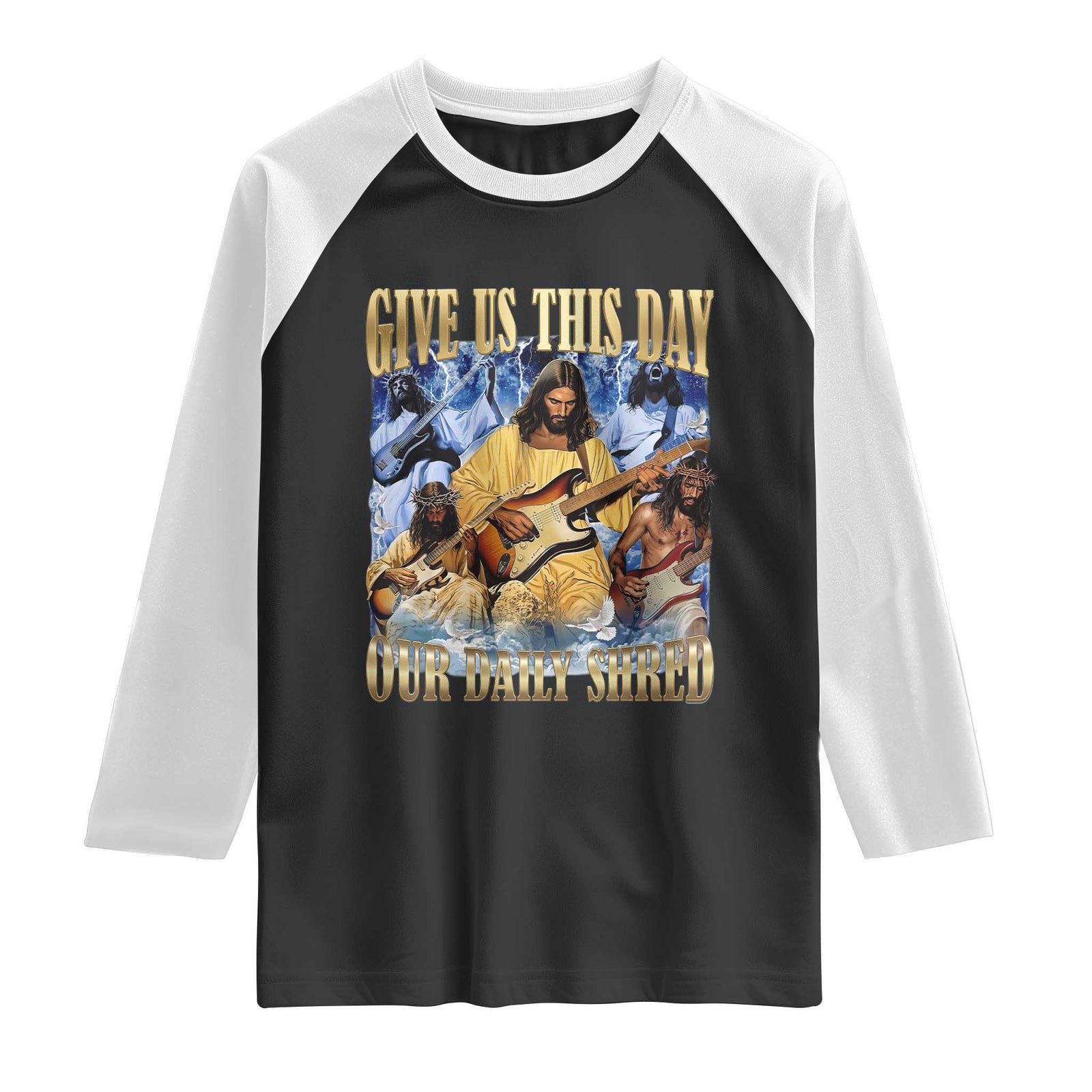 Give Us This Day Our Daily Shred Funny Christian Jesus Rock Raglan Shirt Faith Humor Music Lover Inspired Gift TS02 Black White Print Your Wear