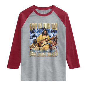Give Us This Day Our Daily Shred Funny Christian Jesus Rock Raglan Shirt Faith Humor Music Lover Inspired Gift TS02 Heather Gray Heather Red Print Your Wear