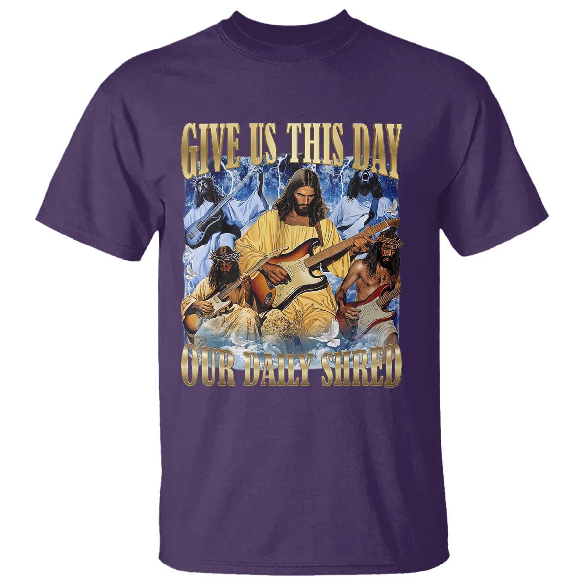 Give Us This Day Our Daily Shred Funny Christian Jesus Rock T Shirt Faith Humor Music Lover Inspired Gift TS02 Purple Print Your Wear
