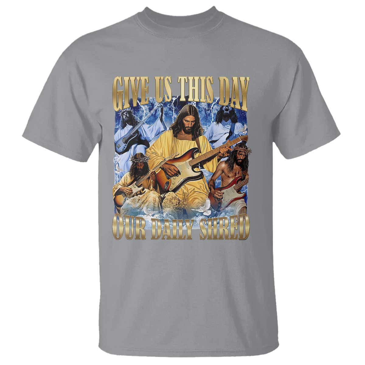 Give Us This Day Our Daily Shred Funny Christian Jesus Rock T Shirt Faith Humor Music Lover Inspired Gift TS02 Sport Gray Print Your Wear