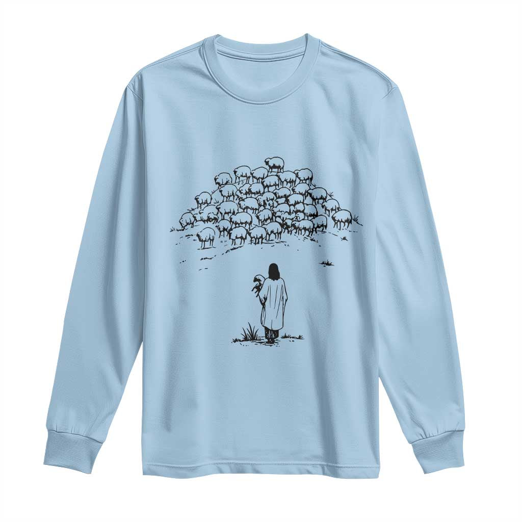 Jesus The Good Shepherd Minimalist Christian Long Sleeve Shirt Sheep Flock Faith Spiritual Inspirational Gift TS02 Light Blue Print Your Wear