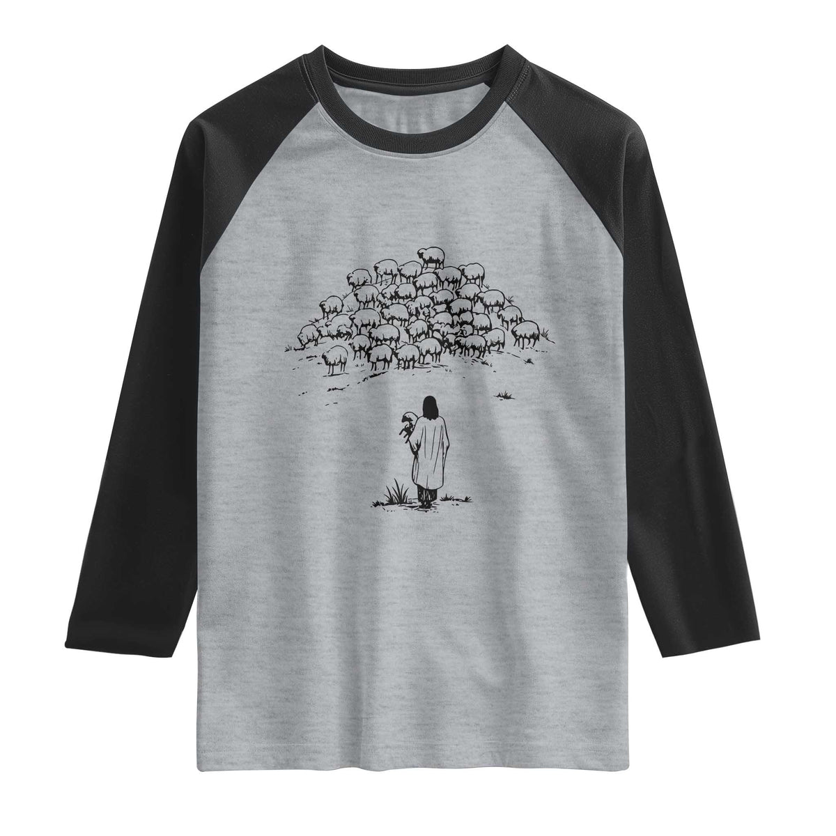 Jesus The Good Shepherd Minimalist Christian Raglan Shirt Sheep Flock Faith Spiritual Inspirational Gift TS02 Heather Gray Black Print Your Wear