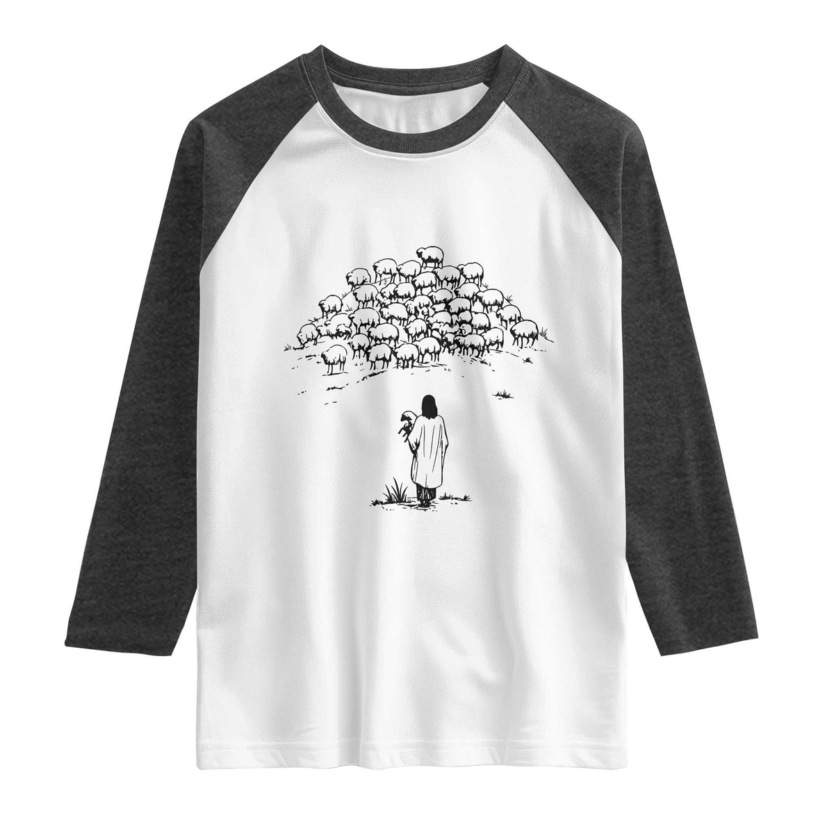 Jesus The Good Shepherd Minimalist Christian Raglan Shirt Sheep Flock Faith Spiritual Inspirational Gift TS02 White Heather Charcoal Print Your Wear