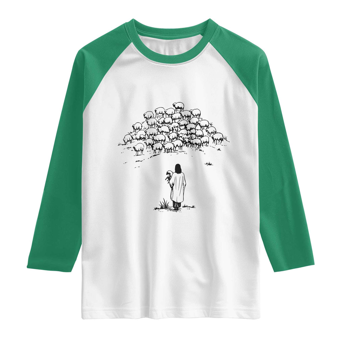 Jesus The Good Shepherd Minimalist Christian Raglan Shirt Sheep Flock Faith Spiritual Inspirational Gift TS02 White Kelly Green Print Your Wear