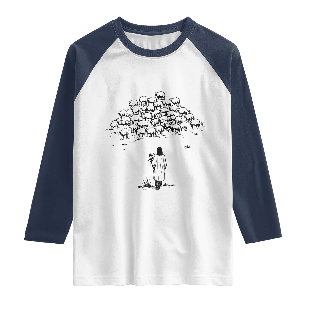 Jesus The Good Shepherd Minimalist Christian Raglan Shirt Sheep Flock Faith Spiritual Inspirational Gift TS02 White Navy Print Your Wear