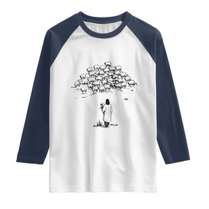 Jesus The Good Shepherd Minimalist Christian Raglan Shirt Sheep Flock Faith Spiritual Inspirational Gift TS02 White Navy Print Your Wear