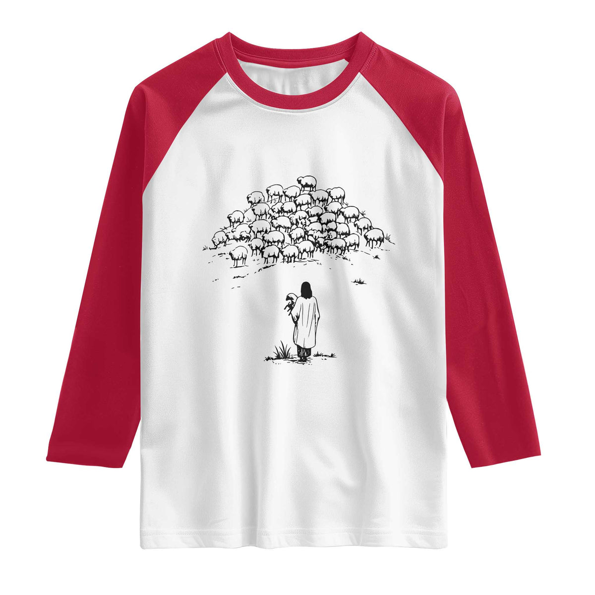 Jesus The Good Shepherd Minimalist Christian Raglan Shirt Sheep Flock Faith Spiritual Inspirational Gift TS02 White Red Print Your Wear