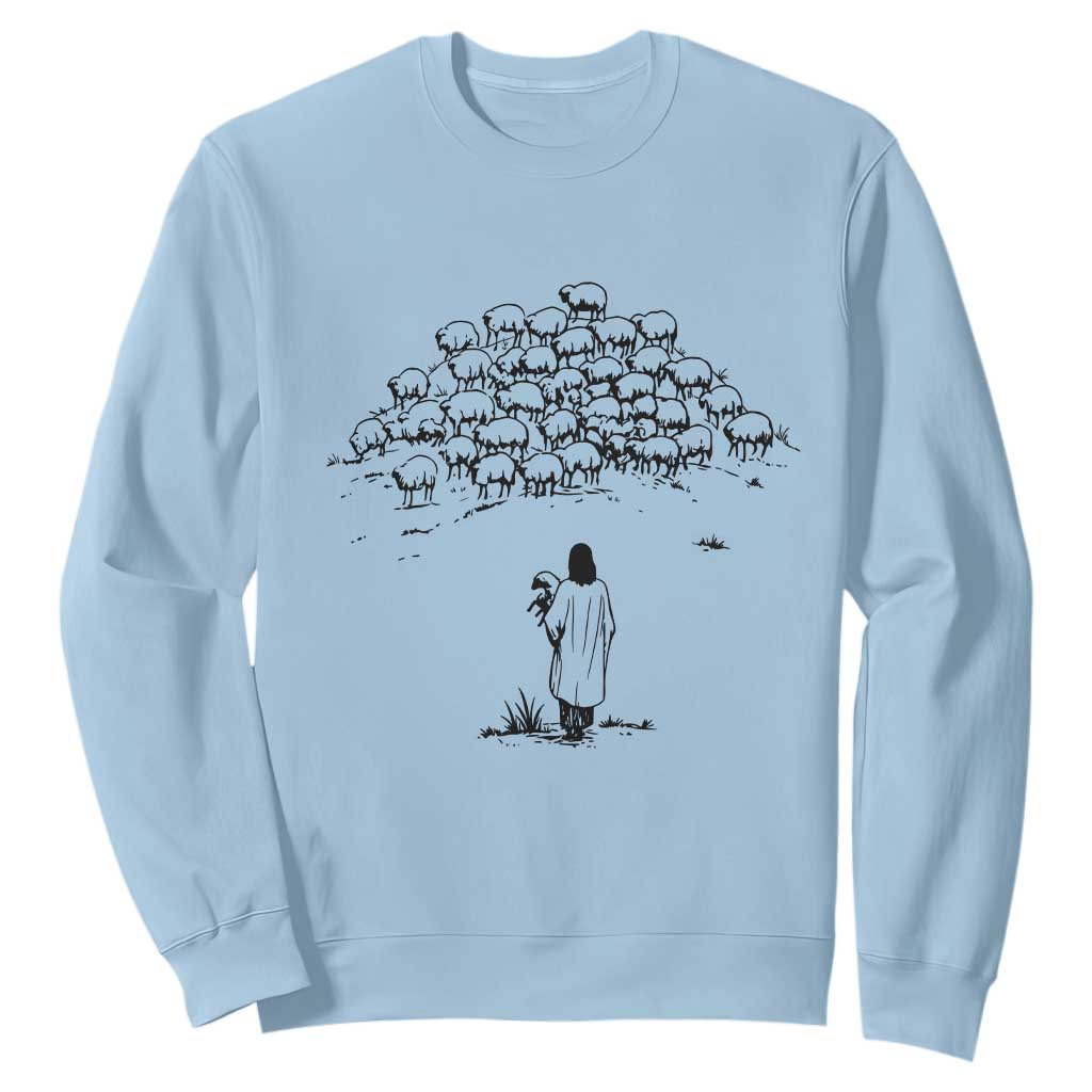 Jesus The Good Shepherd Minimalist Christian Sweatshirt Sheep Flock Faith Spiritual Inspirational Gift TS02 Light Blue Print Your Wear