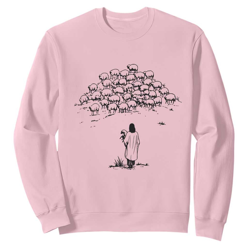 Jesus The Good Shepherd Minimalist Christian Sweatshirt Sheep Flock Faith Spiritual Inspirational Gift TS02 Light Pink Print Your Wear