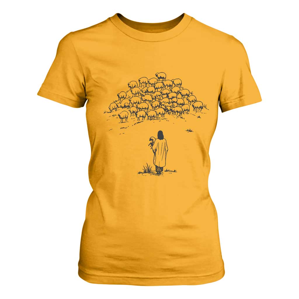 Jesus The Good Shepherd Minimalist Christian T Shirt For Women Sheep Flock Faith Spiritual Inspirational Gift TS02 Gold Print Your Wear