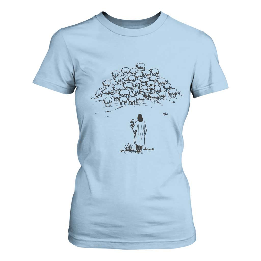 Jesus The Good Shepherd Minimalist Christian T Shirt For Women Sheep Flock Faith Spiritual Inspirational Gift TS02 Light Blue Print Your Wear