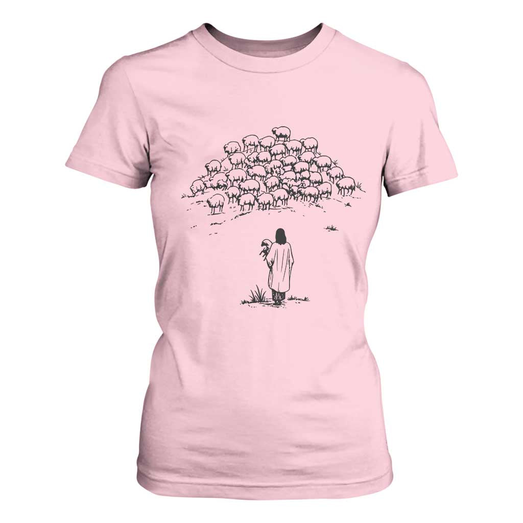 Jesus The Good Shepherd Minimalist Christian T Shirt For Women Sheep Flock Faith Spiritual Inspirational Gift TS02 Light Pink Print Your Wear