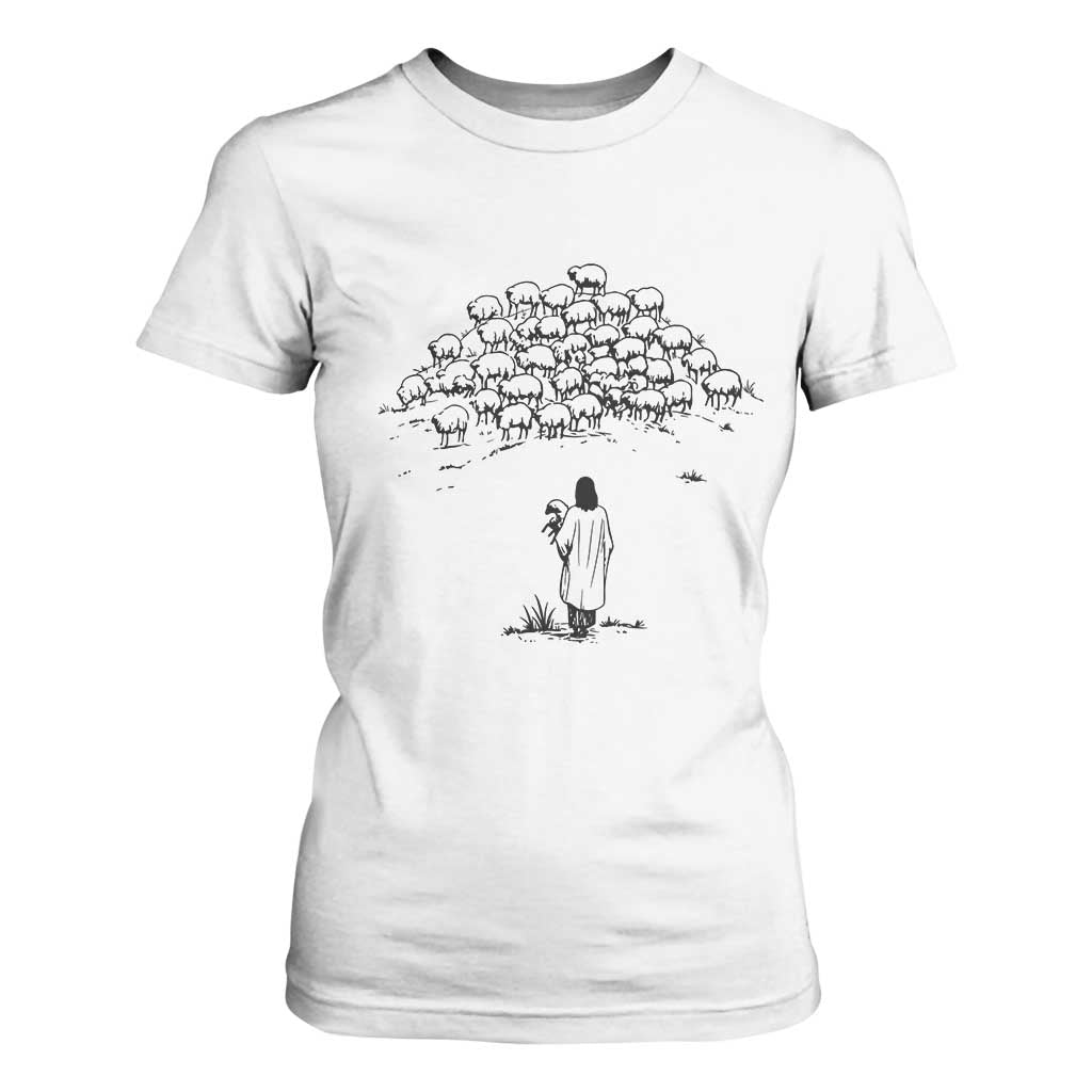 Jesus The Good Shepherd Minimalist Christian T Shirt For Women Sheep Flock Faith Spiritual Inspirational Gift TS02 White Print Your Wear