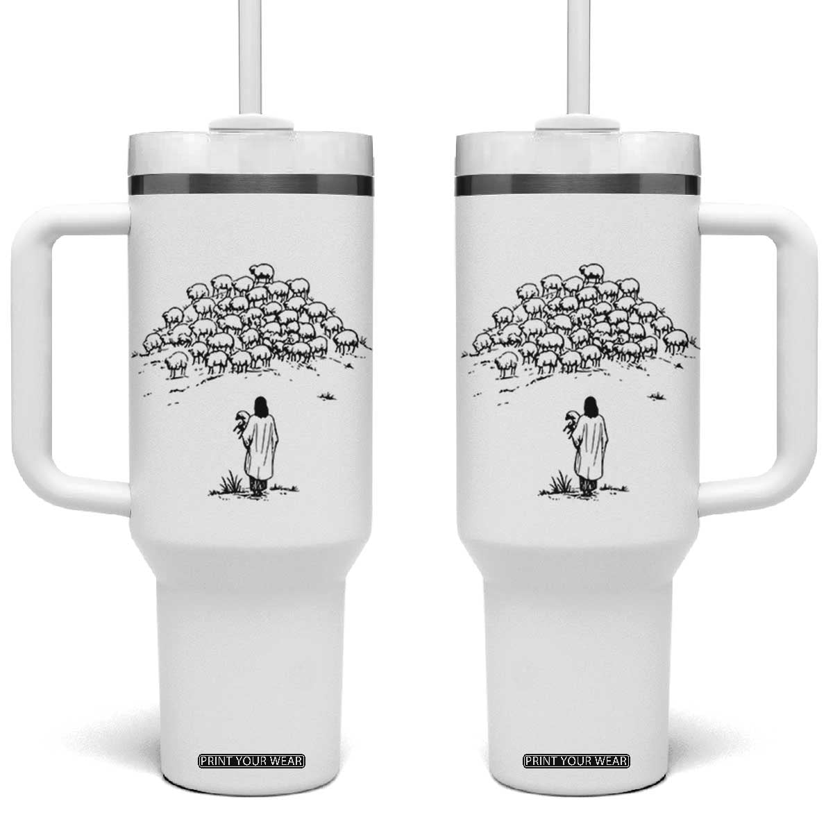 Jesus The Good Shepherd Minimalist Christian Tumbler With Handle Sheep Flock Faith Spiritual Inspirational Gift TS02 One Size: 40 oz White Print Your Wear