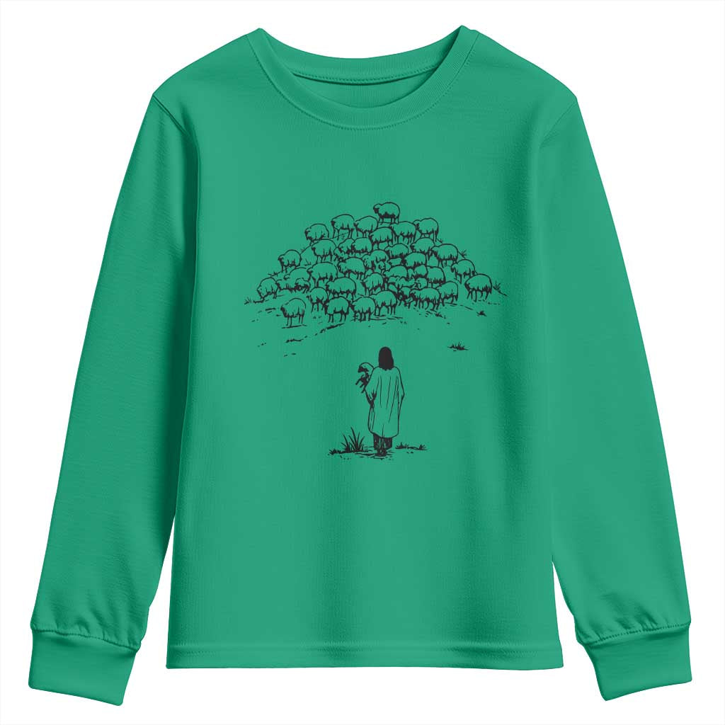 Jesus The Good Shepherd Minimalist Christian Youth Sweatshirt Sheep Flock Faith Spiritual Inspirational Gift TS02 Irish Green Print Your Wear