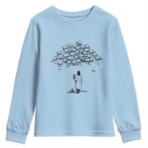 Jesus The Good Shepherd Minimalist Christian Youth Sweatshirt Sheep Flock Faith Spiritual Inspirational Gift TS02 Light Blue Print Your Wear