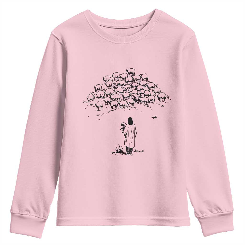Jesus The Good Shepherd Minimalist Christian Youth Sweatshirt Sheep Flock Faith Spiritual Inspirational Gift TS02 Light Pink Print Your Wear