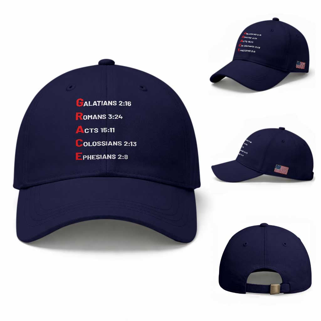 GRACE Christian Scripture Acronym Baseball Cap Bible Verses Galatians Romans Acts Colossians Ephesians Faith Message Gift TS02 Baseball Cap Universal Fit Dark Blue Print Your Wear