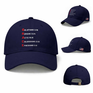 GRACE Christian Scripture Acronym Baseball Cap Bible Verses Galatians Romans Acts Colossians Ephesians Faith Message Gift TS02 Baseball Cap Universal Fit Dark Blue Print Your Wear