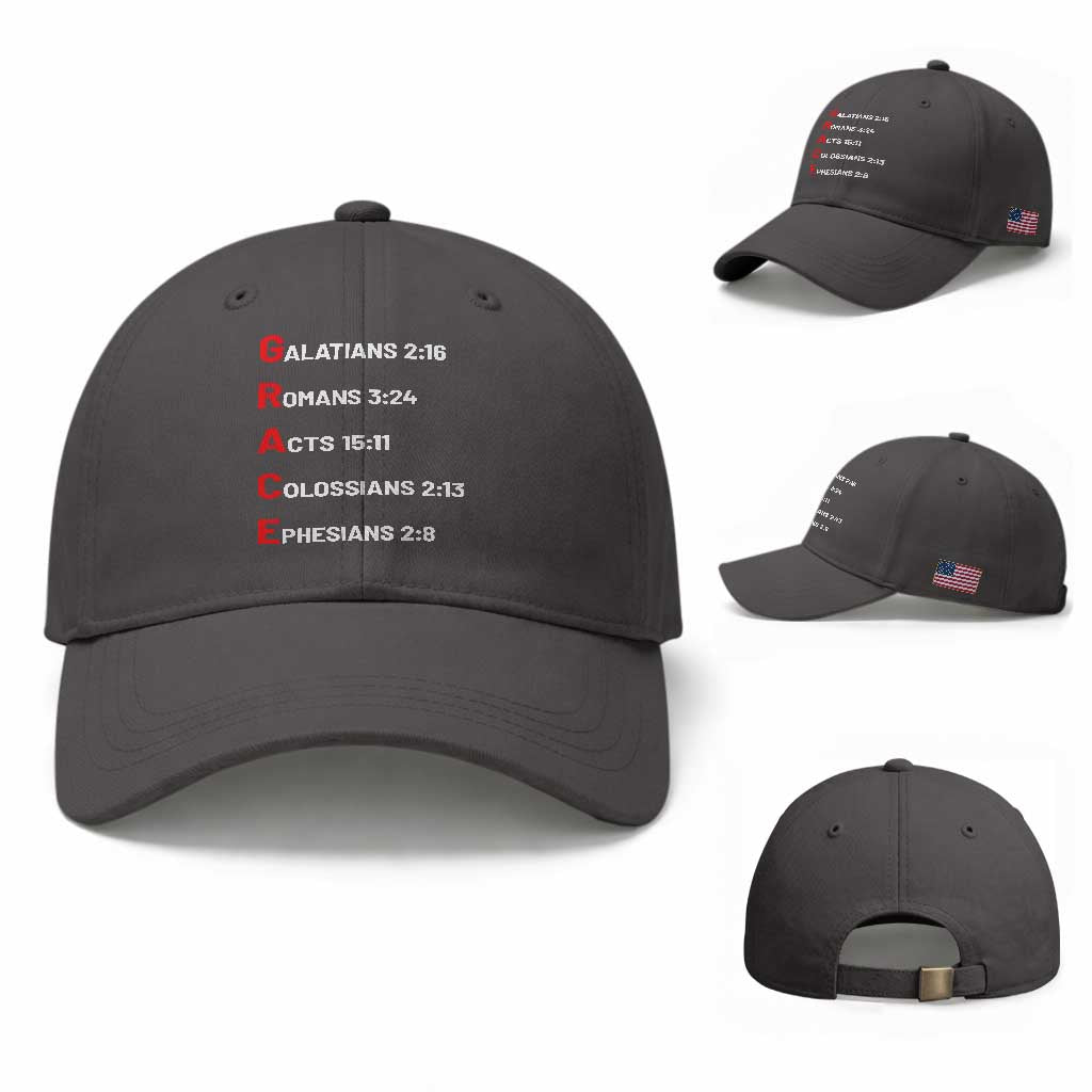 GRACE Christian Scripture Acronym Baseball Cap Bible Verses Galatians Romans Acts Colossians Ephesians Faith Message Gift TS02 Baseball Cap Universal Fit Dark Gray Print Your Wear