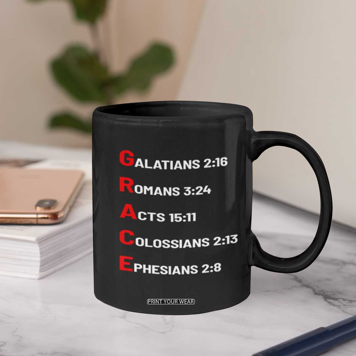 GRACE Christian Scripture Acronym Coffee Mug Bible Verses Galatians Romans Acts Colossians Ephesians Faith Message Gift TS02 Print Your Wear