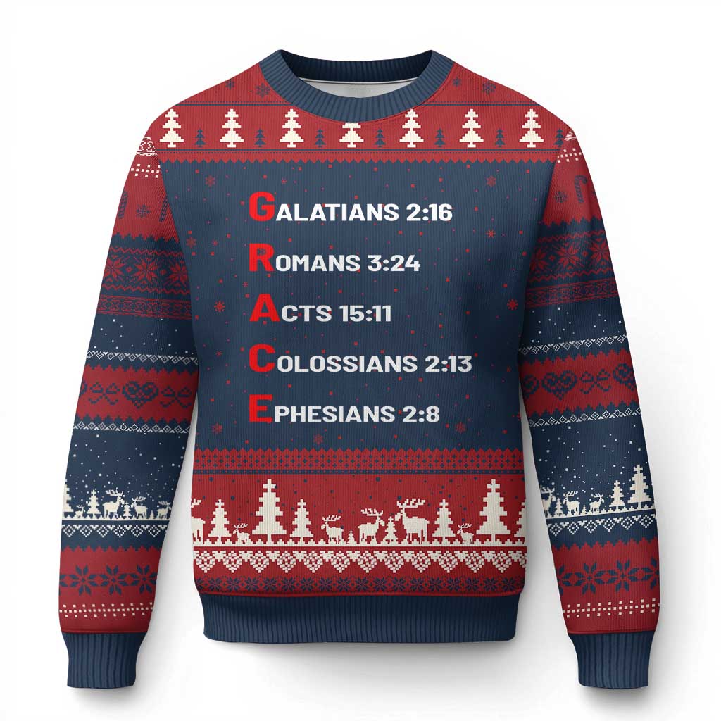 GRACE Christian Scripture Acronym Ugly Christmas Sweater Bible Verses Galatians Romans Acts Colossians Ephesians Faith Message Gift TS02 Navy Red Print Your Wear