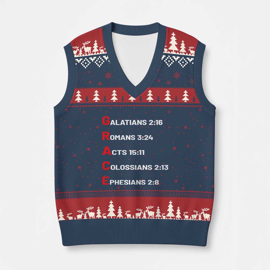 GRACE Christian Scripture Acronym V-Neck Knit Sweater Vest Bible Verses Galatians Romans Acts Colossians Ephesians Faith Message Gift TS02 Navy Red Print Your Wear