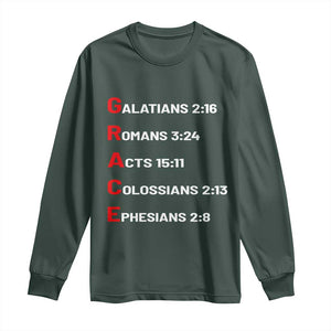 GRACE Christian Scripture Acronym Long Sleeve Shirt Bible Verses Galatians Romans Acts Colossians Ephesians Faith Message Gift TS02 Dark Forest Green Print Your Wear