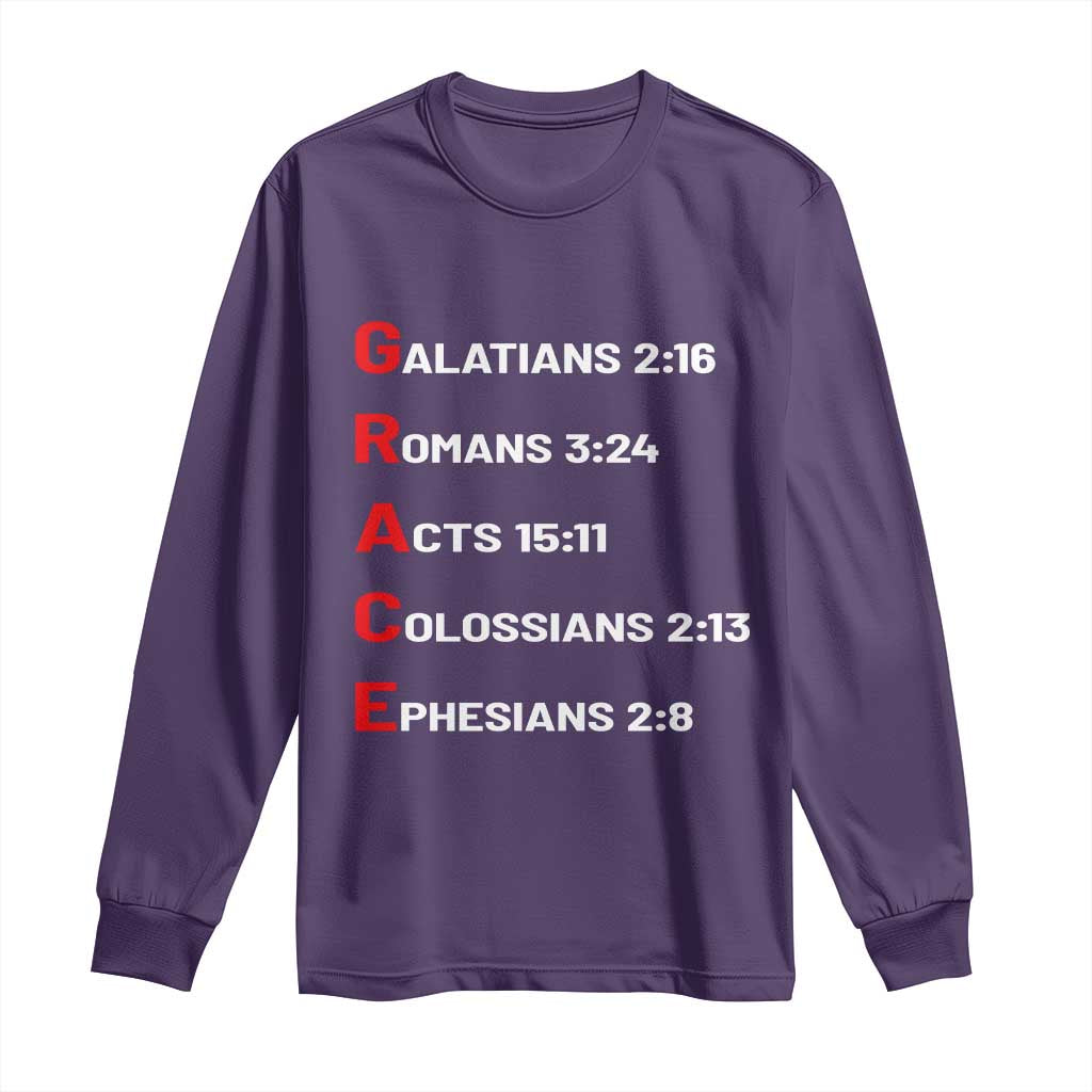GRACE Christian Scripture Acronym Long Sleeve Shirt Bible Verses Galatians Romans Acts Colossians Ephesians Faith Message Gift TS02 Purple Print Your Wear