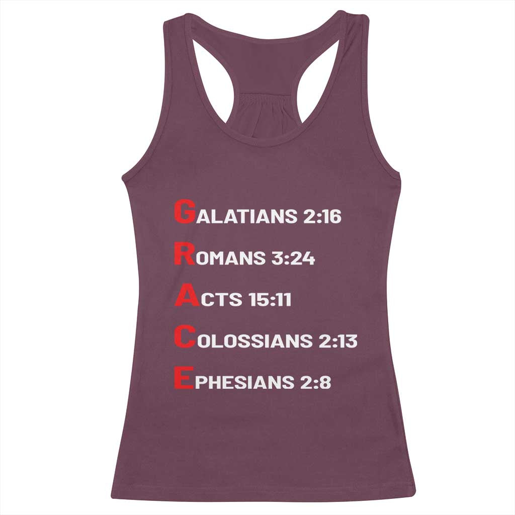 GRACE Christian Scripture Acronym Racerback Tank Top Bible Verses Galatians Romans Acts Colossians Ephesians Faith Message Gift TS02 Maroon Print Your Wear