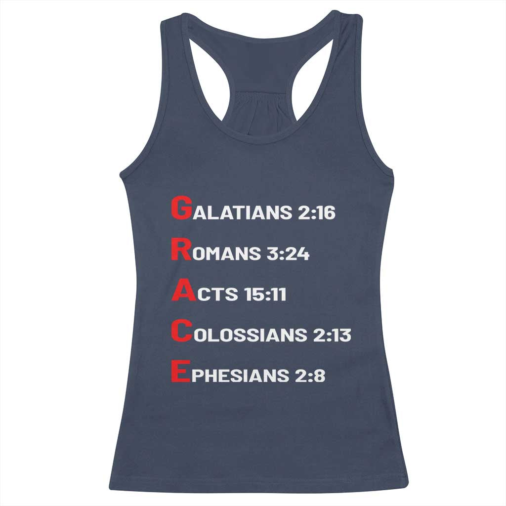 GRACE Christian Scripture Acronym Racerback Tank Top Bible Verses Galatians Romans Acts Colossians Ephesians Faith Message Gift TS02 Navy Print Your Wear