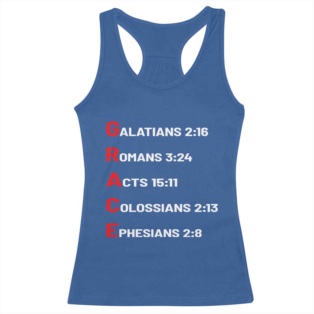 GRACE Christian Scripture Acronym Racerback Tank Top Bible Verses Galatians Romans Acts Colossians Ephesians Faith Message Gift TS02 Royal Blue Print Your Wear
