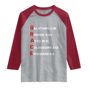 GRACE Christian Scripture Acronym Raglan Shirt Bible Verses Galatians Romans Acts Colossians Ephesians Faith Message Gift TS02 Heather Gray Heather Red Print Your Wear