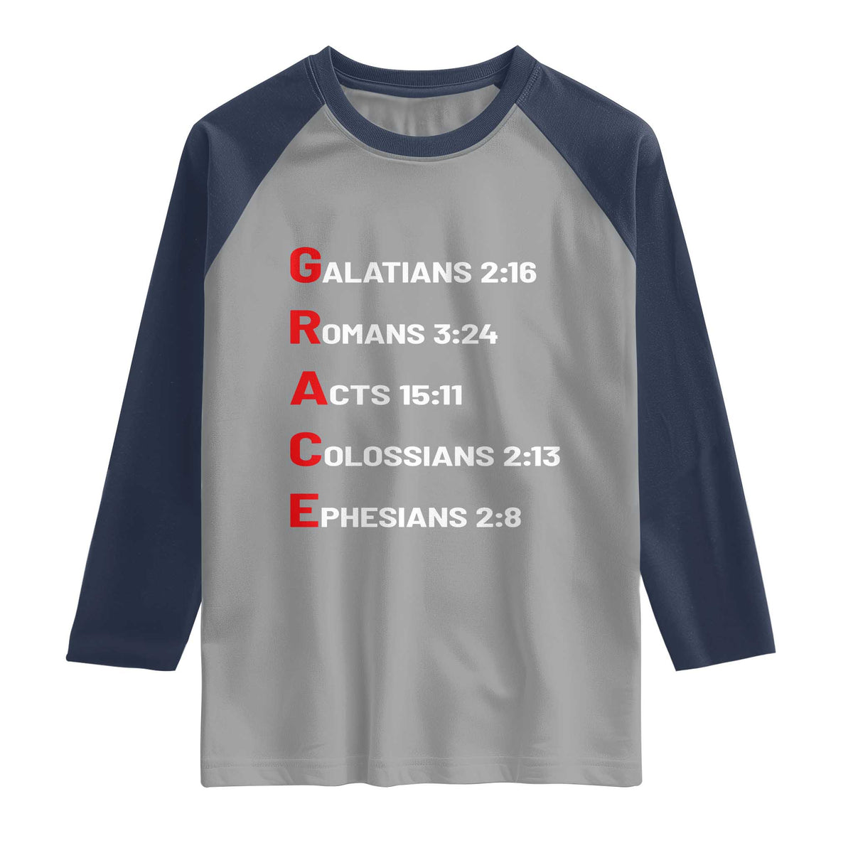 GRACE Christian Scripture Acronym Raglan Shirt Bible Verses Galatians Romans Acts Colossians Ephesians Faith Message Gift TS02 Sport Gray Navy Print Your Wear