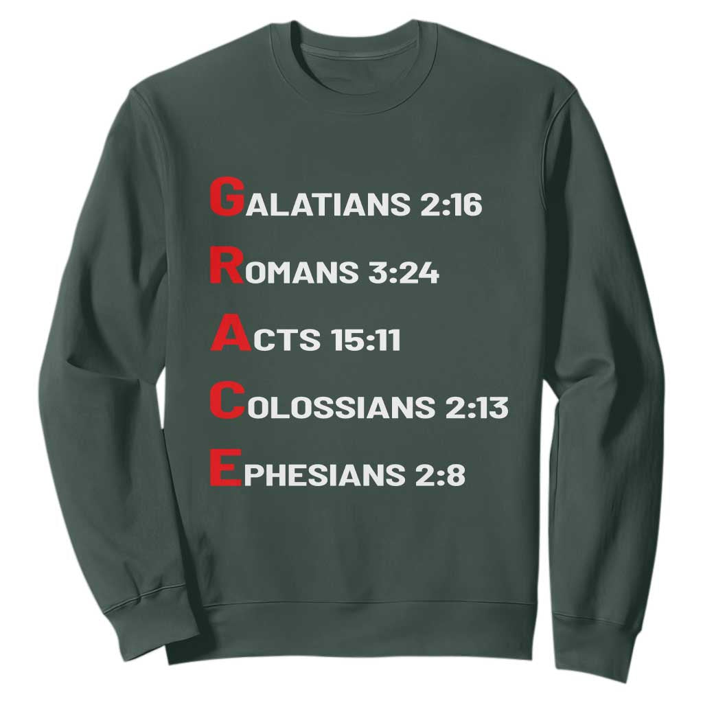 GRACE Christian Scripture Acronym Sweatshirt Bible Verses Galatians Romans Acts Colossians Ephesians Faith Message Gift TS02 Dark Forest Green Print Your Wear