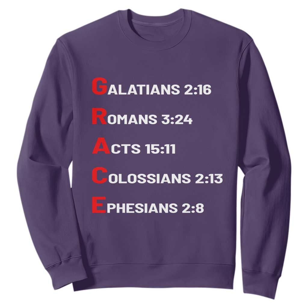 GRACE Christian Scripture Acronym Sweatshirt Bible Verses Galatians Romans Acts Colossians Ephesians Faith Message Gift TS02 Purple Print Your Wear
