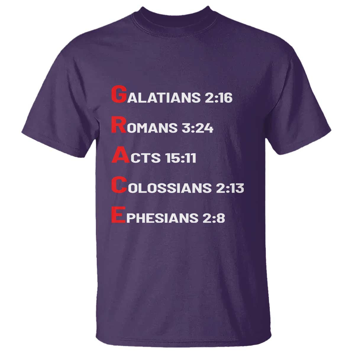 GRACE Christian Scripture Acronym T Shirt - Bible Verses Galatians Romans Acts Colossians Ephesians Faith Message Gift TS02 Purple Print Your Wear